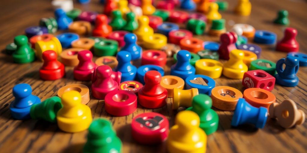 Colorful board game pieces on a wooden table.