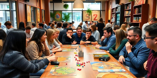 People enjoying board games in a cozy café setting.